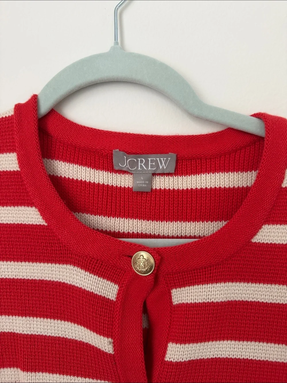 J. Crew Red and Cream Striped Crewneck Cardigan with Gold Buttons